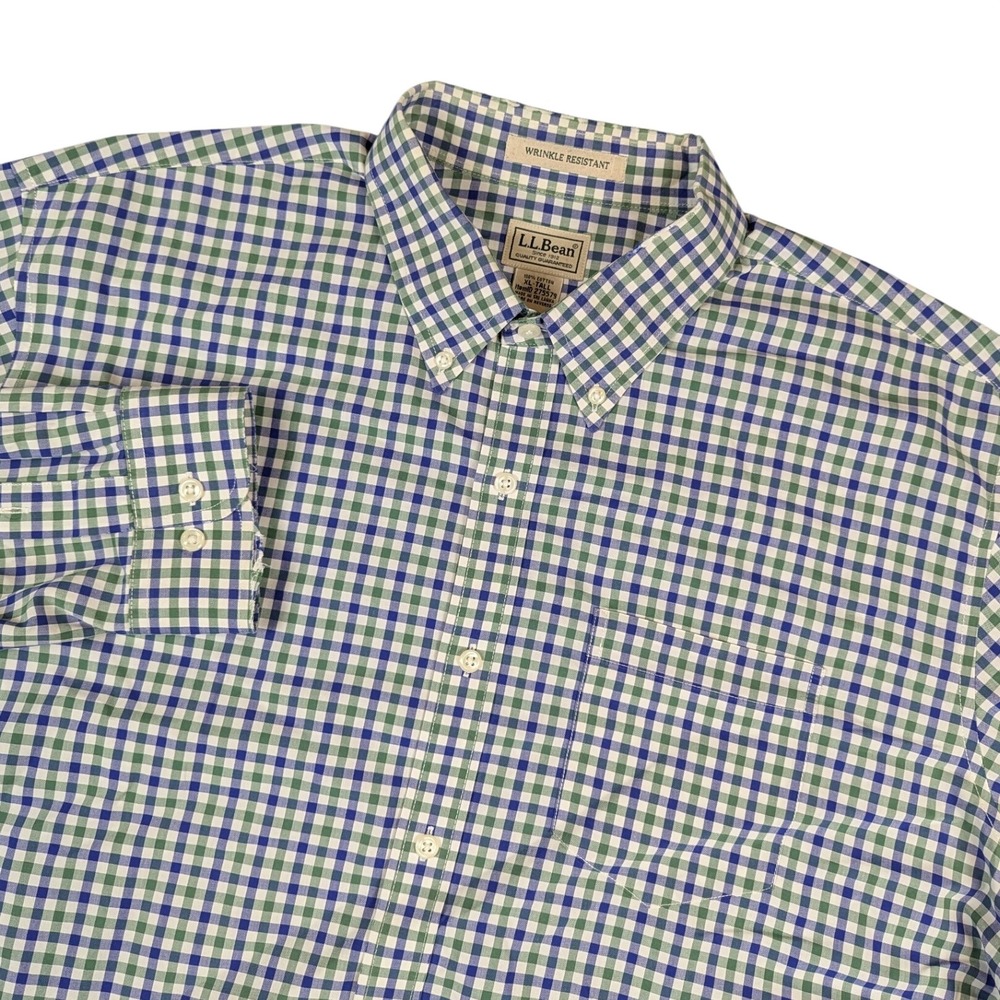 LL Bean MenXL Tall Blue Green Gingham Wrinkle Resistant Cotton Button Down Shirt
